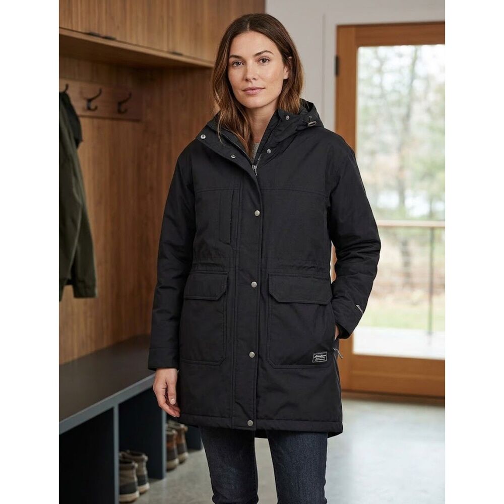 Eddie Bauer Rainfoil Insulated Parka Jacket Black Hooded Womens Size Medium NWT